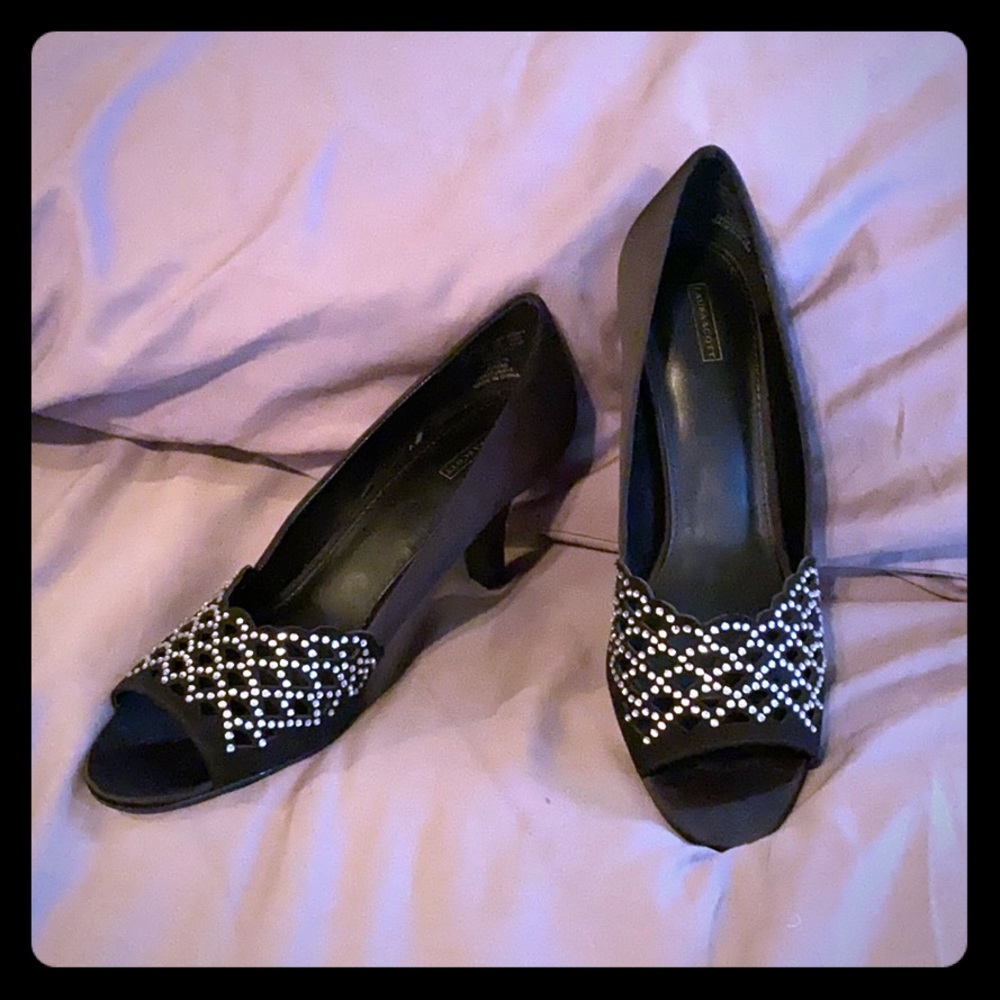 Peep Toe Bling Satin and Suede Heels